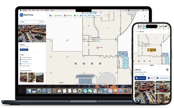 Indoor campus map showing a step-by-step walking route between two rooms in different buildings